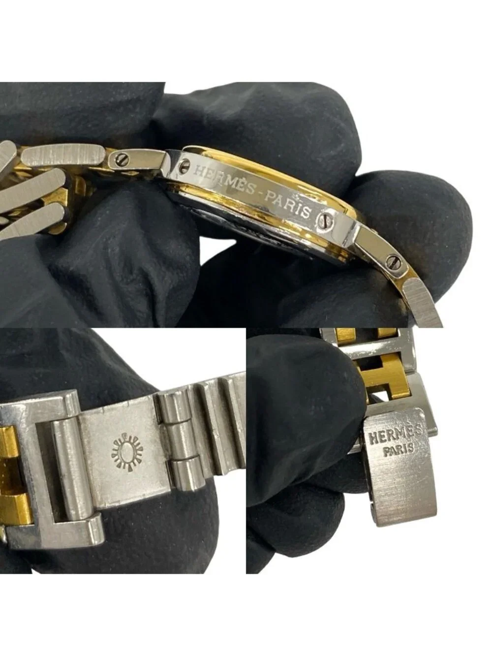 Hermes Clipper Stainless Steel Quartz Watch Wristwatch Silver Gold